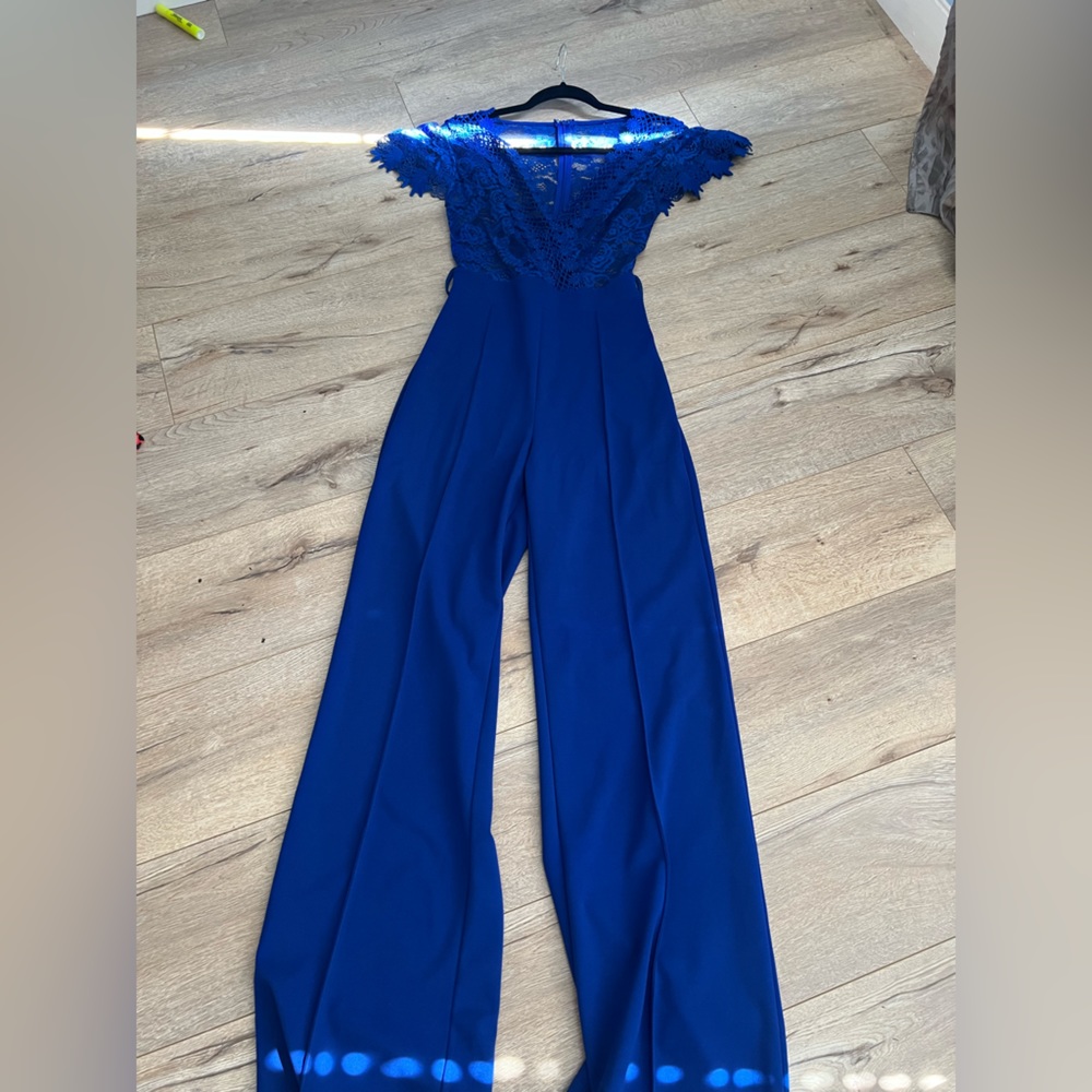 Blue Lace Belted Jumpsuit
